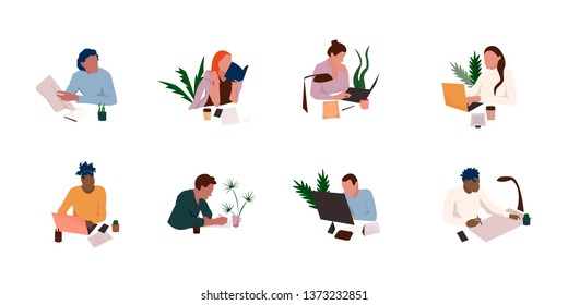 Office workplace icon set. Man and woman working in the office with laptop. Vector illustration