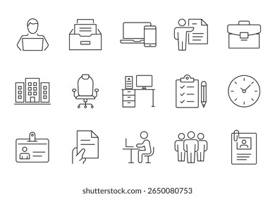 Office Workplace icon set. Office, remote working, meeting, co-worker, workspace, desk, computer, business icons and more. Vector illustration.