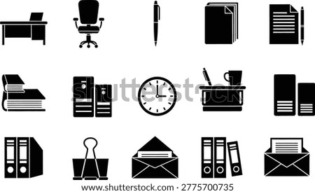 Office workplace icons set with desk chair pen book clock binder envelope