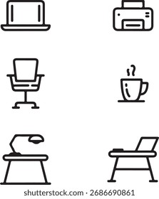 Office workplace icons set featuring desk, chair, laptop, printer, and coffee. Modern line style vector illustration. Ideal for web, print, and graphic design. 