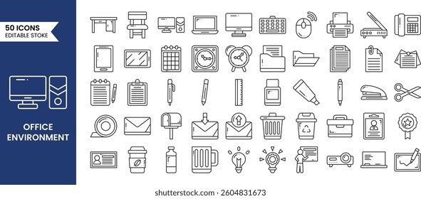Office and Workplace icons set in line style. Stationary, office tools, working, document, business, workspace and more. Vector illustrations