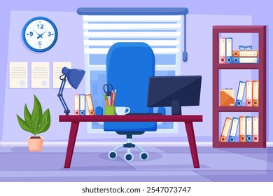 Interior del lugar de trabajo de oficina. Sala de negocios con silla de escritorio y estantería con carpetas. Carpetas de lámparas de ordenador y papelería. Zona de trabajo de dibujos animados, hoy en día escena de Vector