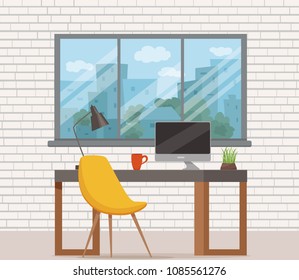 	Office workplace interior cartoon design. Chair, table with computer, plant, lamp business vector concept. Colorful flat style illustration of designer, freelancer workstation.