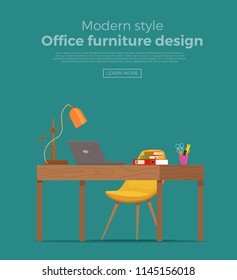 	Office workplace interior cartoon design. Chair, table with computer, plant, lamp business vector concept. Colorful flat style illustration of designer, freelancer workstation.