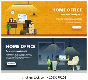 Office workplace interior design banner. Home office concept illustration