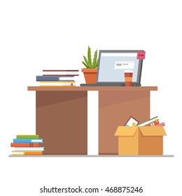 Office workplace interior design with desk and laptop. Flat concept illustration.Business objects, elements.