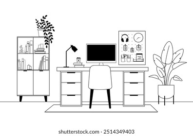 Interior del lugar de trabajo de oficina con muebles. Lugar de trabajo con ordenador y estantería. Ilustración vectorial de diseño plano.