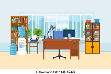 Office workplace interior of the room, with working furniture, lighting, and a view of the city streets. Modern vector illustration isolated.