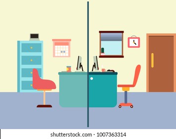 Office workplace interior with two desks, two chairs, a cabinet, a calendar, a window, a door and other objects. Flat style vector illustration. 