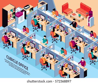 Office workplace isometric vector illustration with men and women working in cubicles at their desks vector illustration