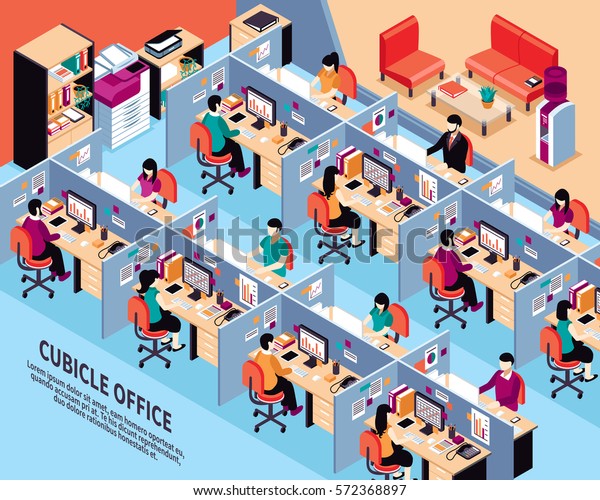 Office\
workplace isometric vector illustration with men and women working\
in cubicles at their desks vector\
illustration