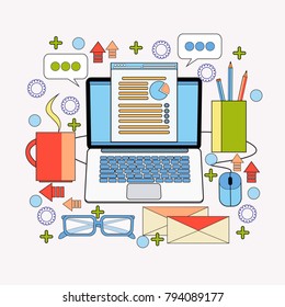 Office Workplace Laptop Computer With Finance Chart Business Statistic Data Report Analysis Concept Thin Line Vector Illustration