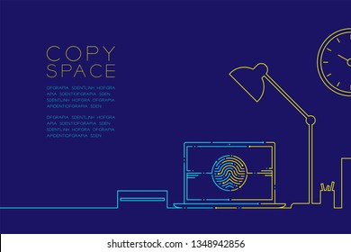 Office workplace and laptop computer with fingerprint dash line, Digital office concept design, Editable stroke illustration blue and yellow isolated on dark blue background with copy space, vector