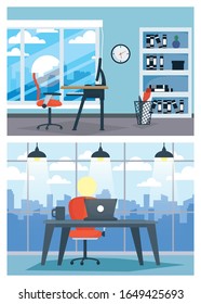 office workplace with laptop and desktop scene vector illustration design