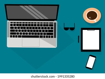 Office workplace with laptop, multiple colorful notebooks, blank screen mobile cell phone, white cup of coffee, supplies and stationery on blue background. Close up, copy space, top view, flat lay.
E
