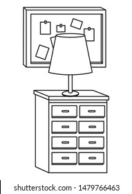 Office workplace light lamp on drawer and corkboard with notes elements cartoons ,vector illustration graphic design.