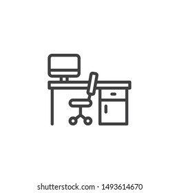 Office workplace line icon. linear style sign for mobile concept and web design. Working computer desk with office chair outline vector icon. Symbol, logo illustration. Vector graphics