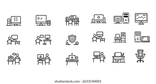 Office and Workplace Line Icon Set Computers Desks Chairs and Security