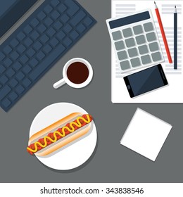 Office workplace. Lunch at work. Calculator, documents, pencil, phone, a cup of coffee on office table. Flat vector illustration.