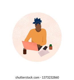 Office workplace. Man working in the office with laptop. Vector icon