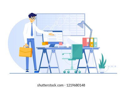 An office workplace for managers, IT, business. Concept ad, presentation, new workspace. Vector illustration