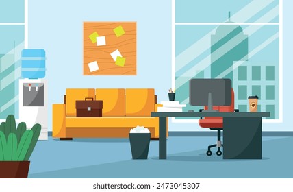 Office workplace. Modern office with furniture and equipment. Various office items.