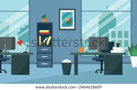 Office workplace. Modern office with furniture and equipment. Various office items.