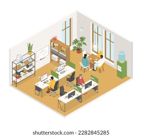 Office en el lugar de trabajo - moderna ilustración isométrica vectorial colorida. Hombres y mujeres trabajando en computadoras, en la zona de descanso para el café. Imágenes de escritorios, estanterías, plantas, sillas, ventanas, refrigerador de agua, paneles visuales