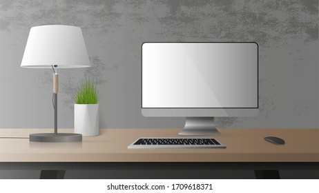 Office workplace. Monitor, keyboard, computer mouse, table lamp, houseplant. Vector.