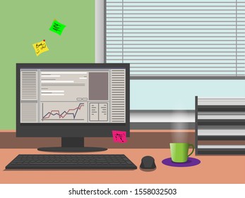 office workplace near the window, the computer, desk document organizer and the cup of tea
