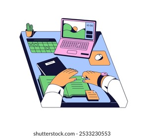 Office workplace in neo brutalism style. Employee's desk with computer, laptop. Workspace organization of for work, study. Worker learning with book in hand. Flat isolated vector illustration on white