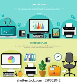 Office workplace for network horizontal banners with computers peripherals and elements of interior flat vector illustration