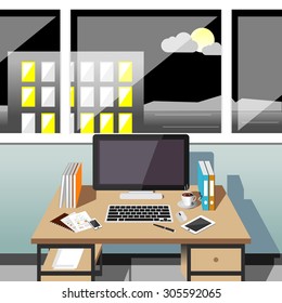 Office workplace at night. 

