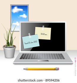 office workplace with notebook and blue sky outside window