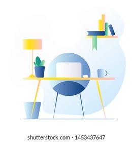 Office workplace. On the table is a laptop, lamp, cup, cactus. Vector illustration with gradient fill. Cold gamma.