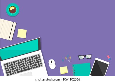 Office workplace on a violet background the top view