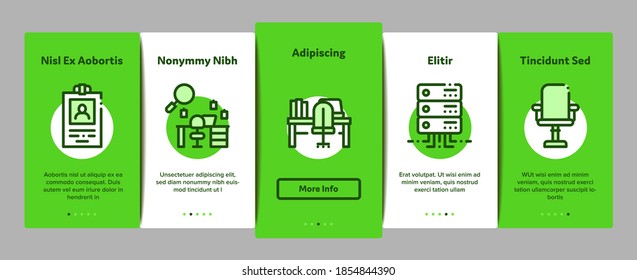 Office And Workplace Onboarding Mobile App Page Screen Vector. Office Table And Chair, Badge And Business Case, Water Cooler And Computer Screen Illustrations