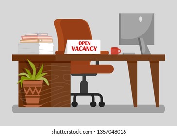Office Workplace with Open Vacancy Sign Clipart. HR Agency Vector Illustration. Recruitment. Workers Needed, Wanted. Computer, Coffee Cup on Desk. Pile of Papers. Office Table and Chair Design Element