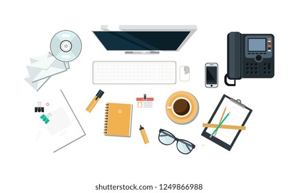 Office workplace, organization of working space, view from above vector Illustration on a white background