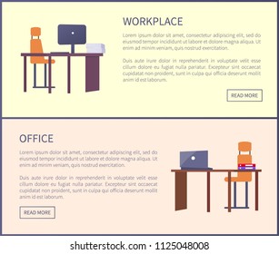 Office workplace pages with push buttons and text samples. Web posters with empty tables and chairs, lamps on desks, laptops for work set of online