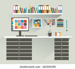 Office workplace. Painter, designer office. Flat design vector illustration. 