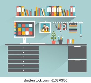 Office workplace. Painter, designer office. Flat design vector illustration.