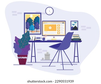 office workplace painting desk computer chair icons sketch