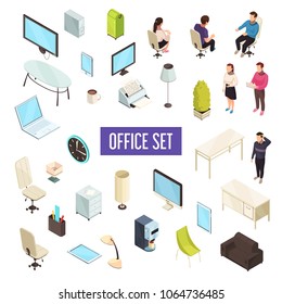 Office Workplace Personnel Furniture Computers Tablets Printer Coffeemaker Drawers Clock Lamps Isometric Icons Collection Isolated Vector Illustration 