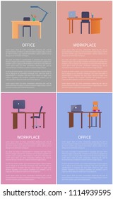 Office workplace posters set, design table with computer laptop, comfortable chair, lamp on desk vector furniture on color, mockup off workspace