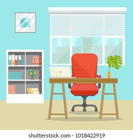 Office workplace with retro table. Office workplace with table, bookcase, window. Vector flat illustration