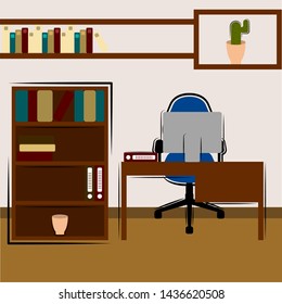 Office workplace room with a bookcase- Vector