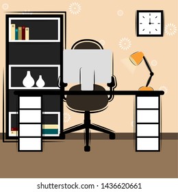 Office workplace room with a bookcase- Vector