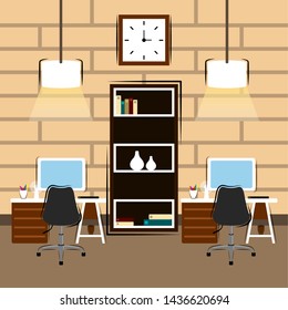 Office workplace room with a bookcase- Vector