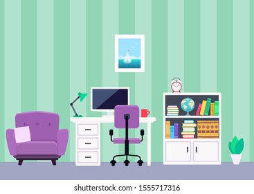 Office workplace room interior in flat style. Vector illustration